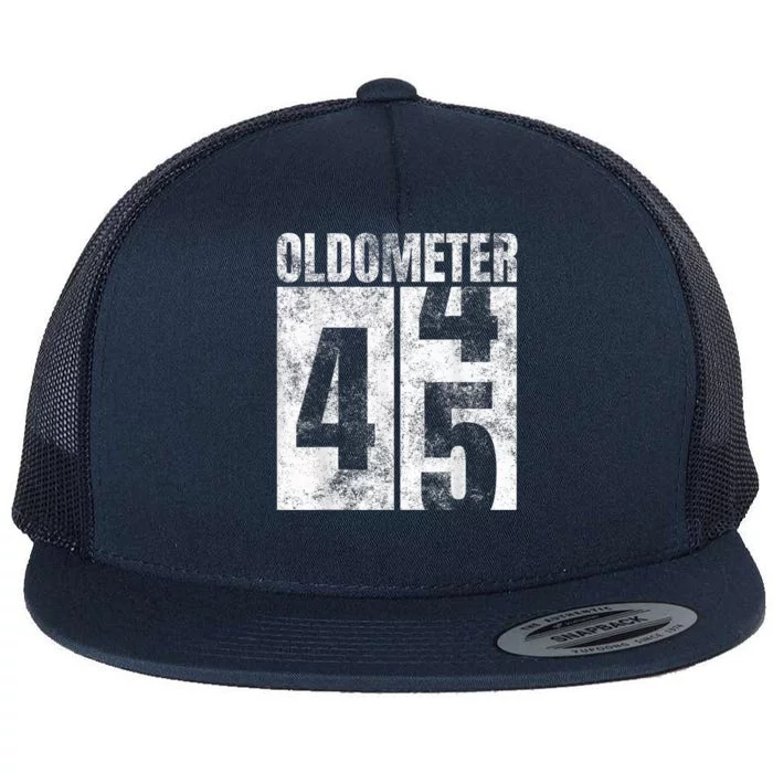 Oldometer 44-45 yrs old Man Woman Bday Graphic 45th Birthday Flat Bill Trucker Hat