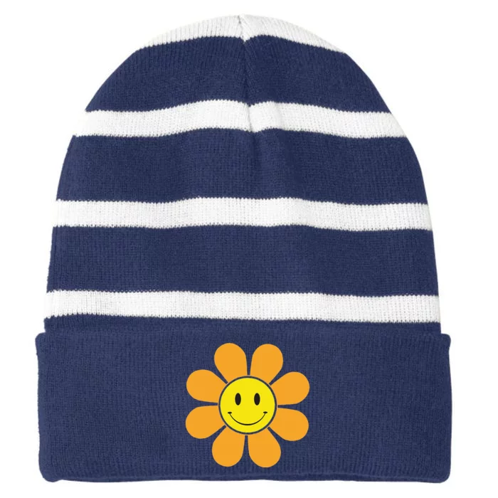 Orange 70s Retro Flower With A Yellow Smiling Face Summer Striped Beanie with Solid Band