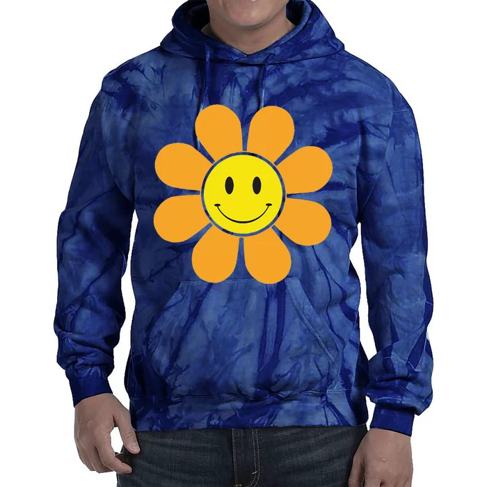 Orange 70s Retro Flower With A Yellow Smiling Face Summer Tie Dye Hoodie