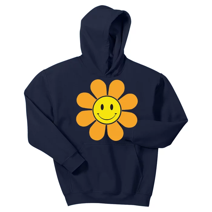 Orange 70s Retro Flower With A Yellow Smiling Face Summer Kids Hoodie