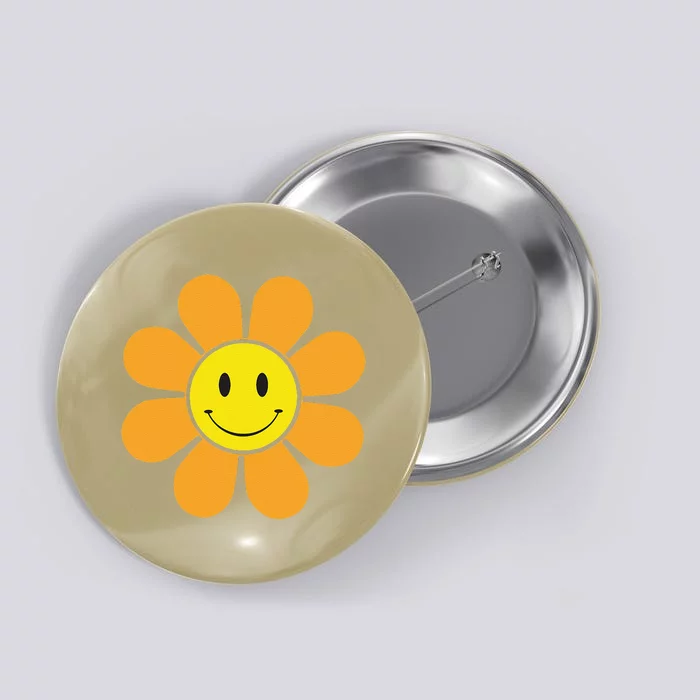 Orange 70s Retro Flower With A Yellow Smiling Face Summer Button