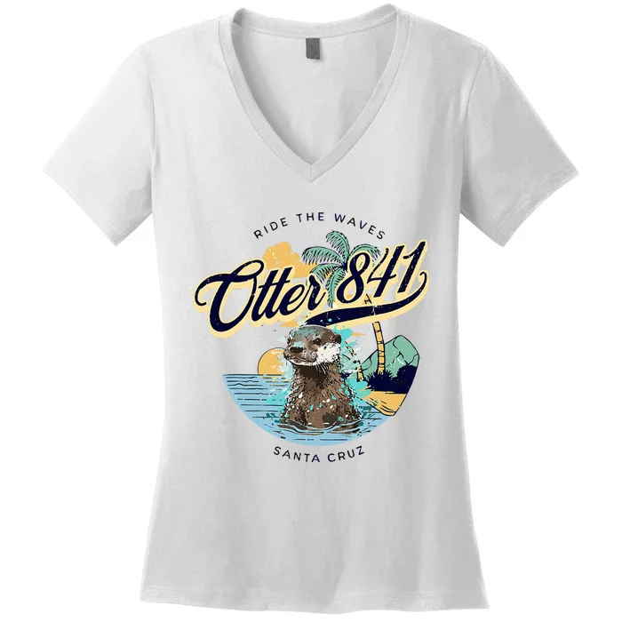 Otter 841 Surfing Otter 841 California Surf Board Otter 841 Women's V-Neck T-Shirt