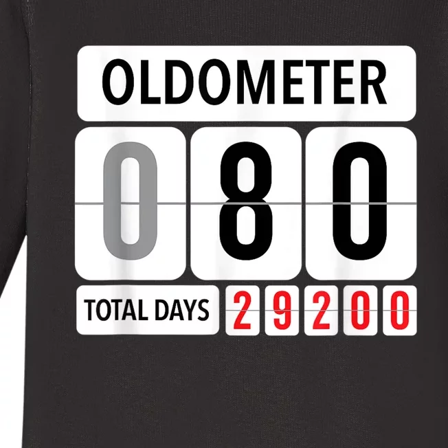 Oldometer 80 Year Old Funny 80th Birthday Gift Black Baby Long Sleeve Bodysuit