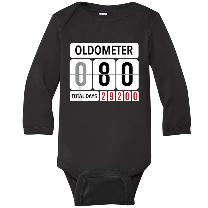 Oldometer 80 Year Old Funny 80th Birthday Gift Black Baby Long Sleeve Bodysuit