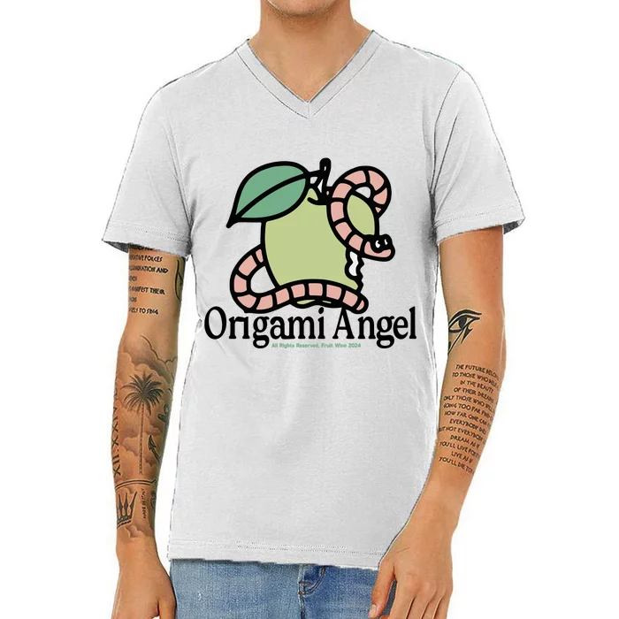 Origami Angel Apple Worm V-Neck T-Shirt