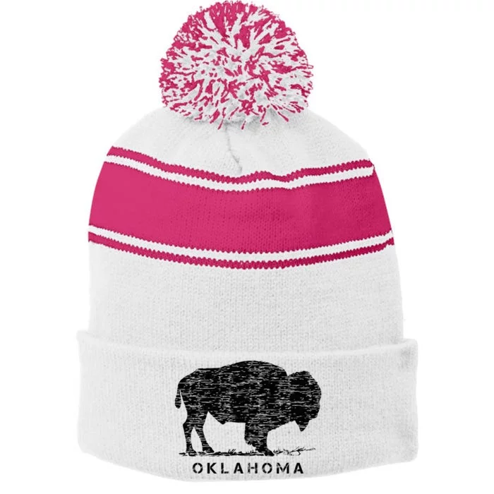 Oklahoma And American Buffalo Bison Stripe Pom Pom Beanie