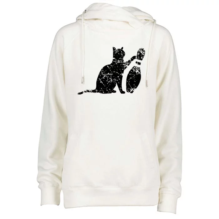 Ornery Alley Cat Tipping Bowling Pin Womens Funnel Neck Pullover Hood