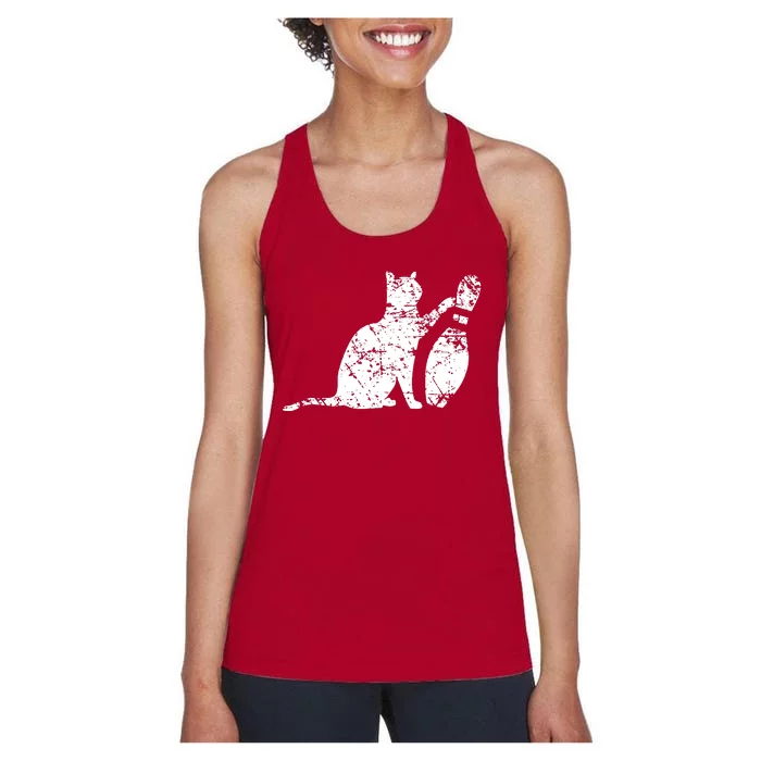 Ornery Alley Cat Tipping Bowling Pin Women's Racerback Tank