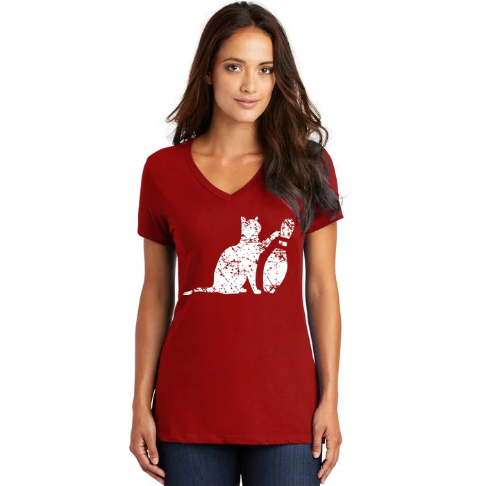 Ornery Alley Cat Tipping Bowling Pin Women's V-Neck T-Shirt