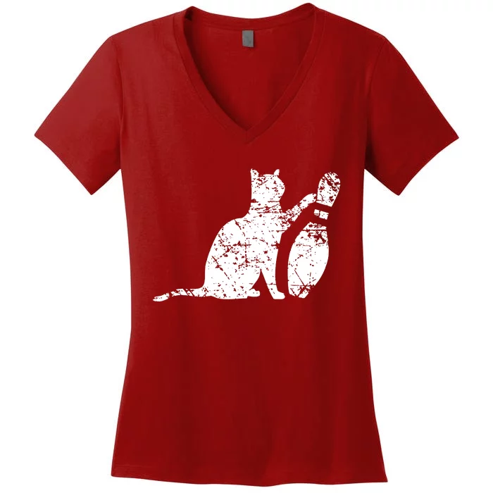 Ornery Alley Cat Tipping Bowling Pin Women's V-Neck T-Shirt