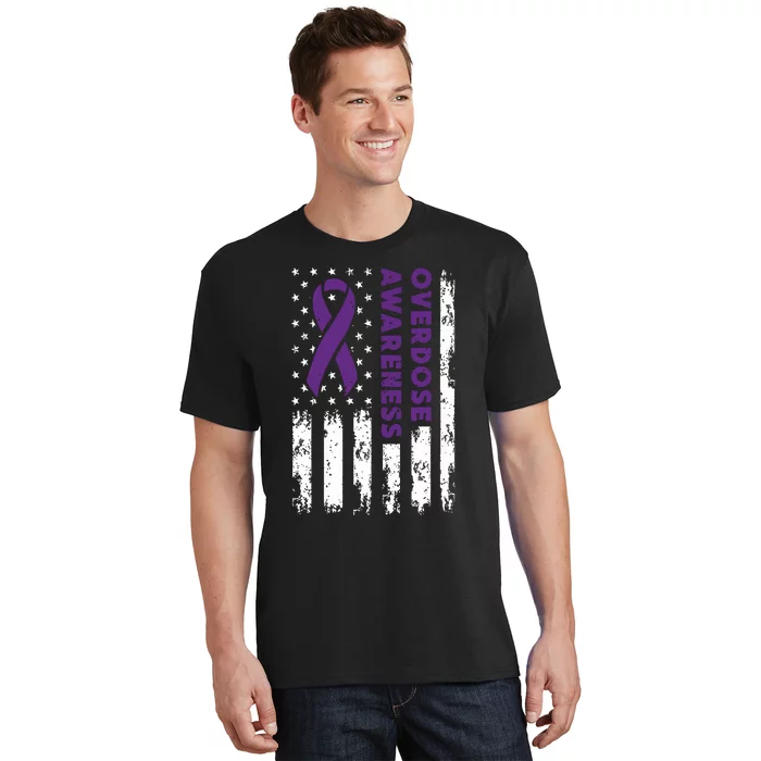 Overdose Awareness Flag Purple Ribbon Addiction Recovery T-Shirt