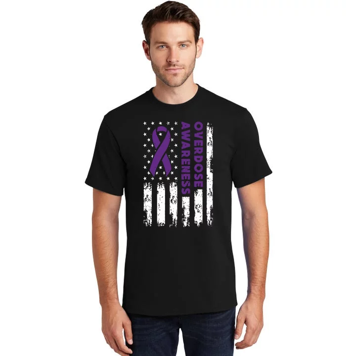 Overdose Awareness Flag Purple Ribbon Addiction Recovery Tall T-Shirt