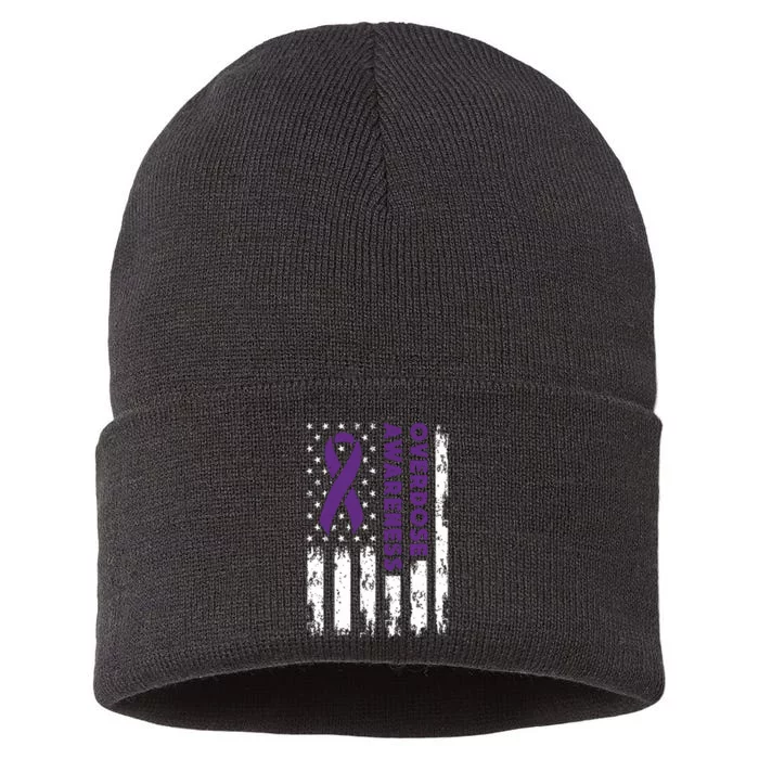 Overdose Awareness Flag Purple Ribbon Addiction Recovery Sustainable Knit Beanie