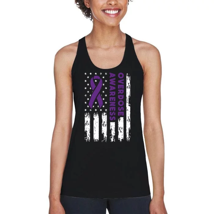 Overdose Awareness Flag Purple Ribbon Addiction Recovery Women's Racerback Tank