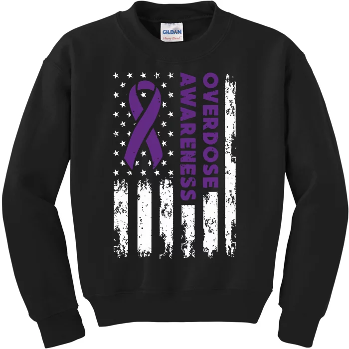 Overdose Awareness Flag Purple Ribbon Addiction Recovery Kids Sweatshirt