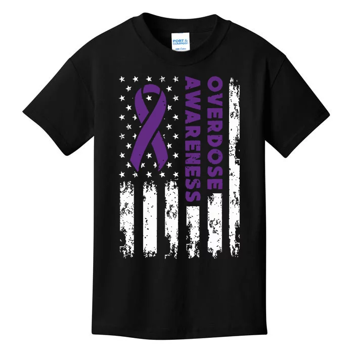 Overdose Awareness Flag Purple Ribbon Addiction Recovery Kids T-Shirt