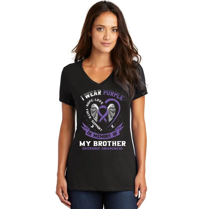 Overdose Awarenessc In Memory Of Brother Purple Ribbon Women's V-Neck T-Shirt