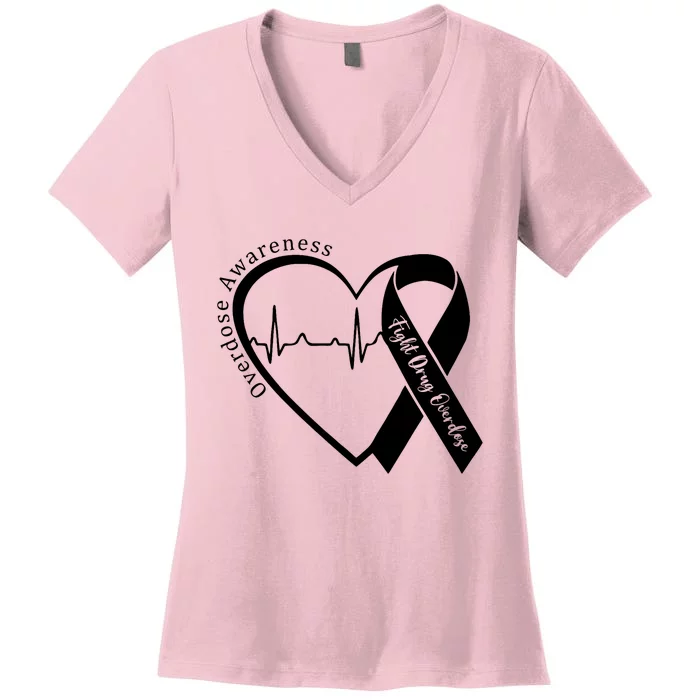 Overdose Awareness Month Heart Purple Ribbon Support Women's V-Neck T-Shirt