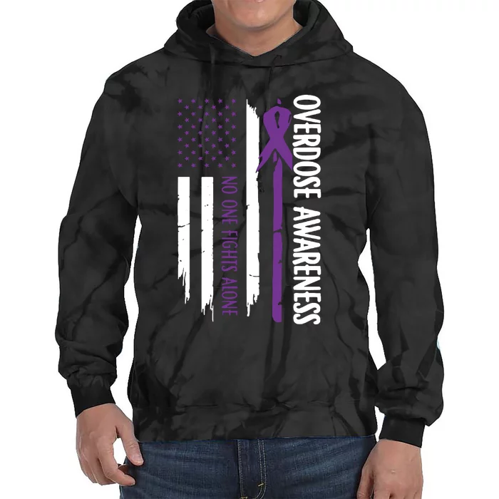 Overdose Awareness Noone Fights Alone Purple Ribbon Flag Tie Dye Hoodie