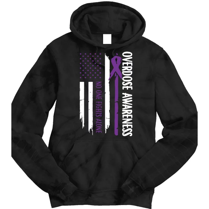 Overdose Awareness Noone Fights Alone Purple Ribbon Flag Tie Dye Hoodie