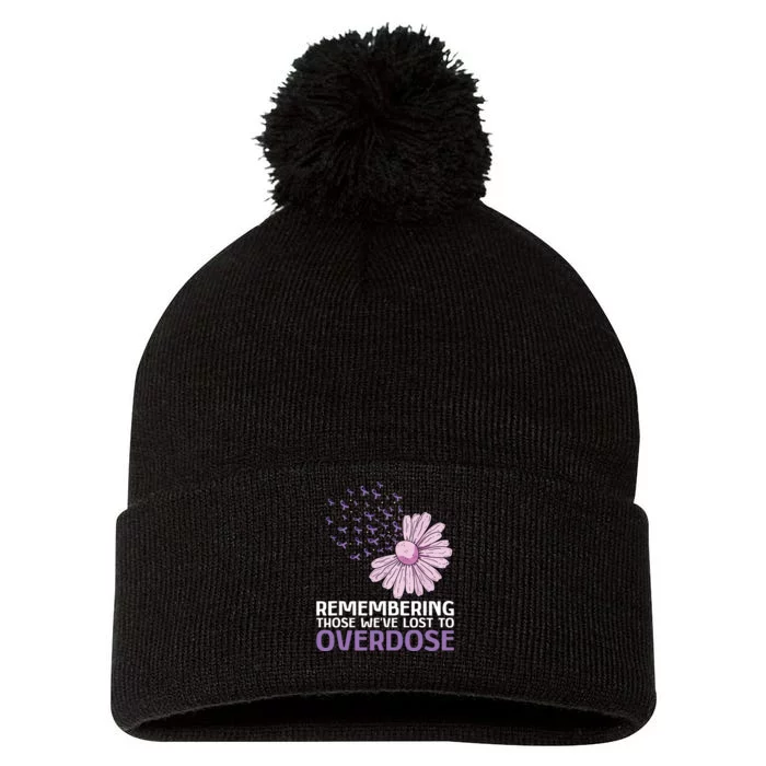 Overdose Awareness Purple Ribbon Drug Addiction Sunflower Pom Pom 12in Knit Beanie