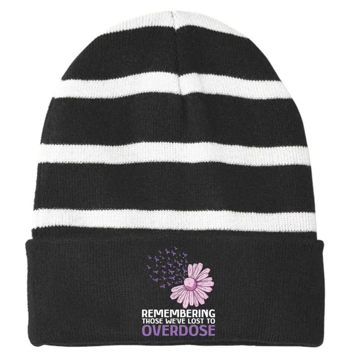 Overdose Awareness Purple Ribbon Drug Addiction Sunflower Striped Beanie with Solid Band