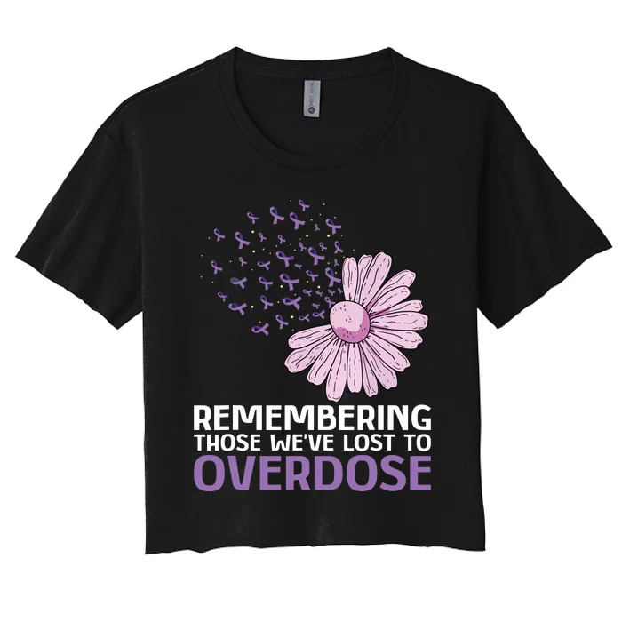 Overdose Awareness Purple Ribbon Drug Addiction Sunflower Women's Crop Top Tee