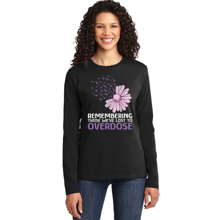 Overdose Awareness Purple Ribbon Drug Addiction Sunflower Ladies Long Sleeve Shirt