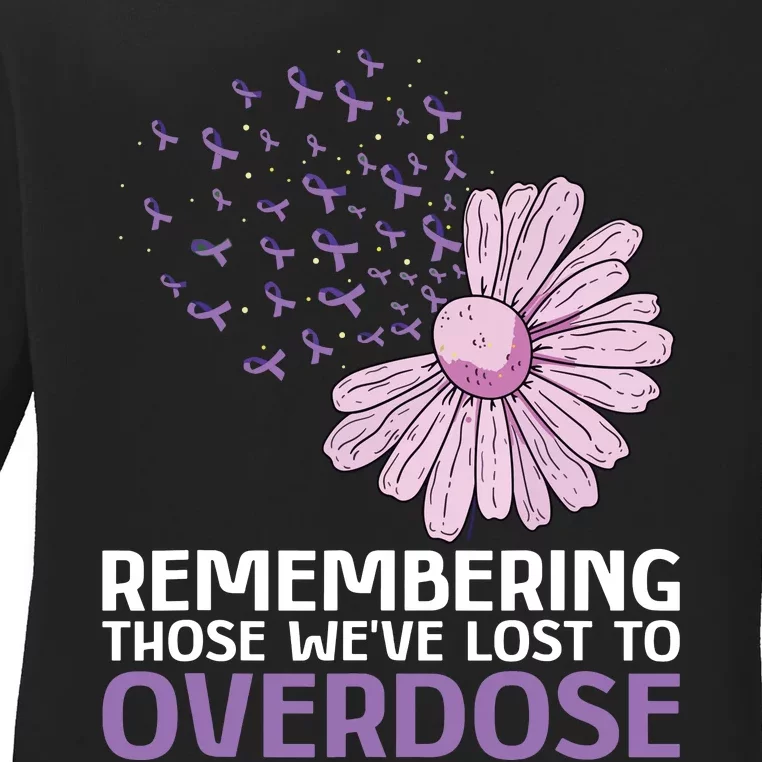 Overdose Awareness Purple Ribbon Drug Addiction Sunflower Ladies Long Sleeve Shirt