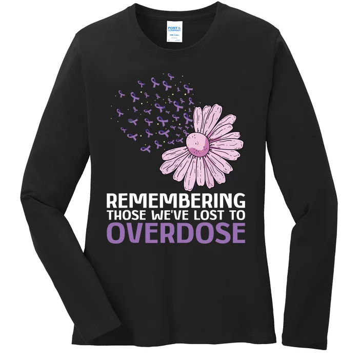 Overdose Awareness Purple Ribbon Drug Addiction Sunflower Ladies Long Sleeve Shirt