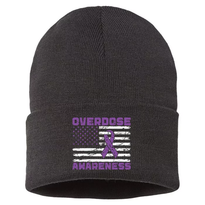 Overdose Awareness Purple Ribbon Drug Addiction Sustainable Knit Beanie