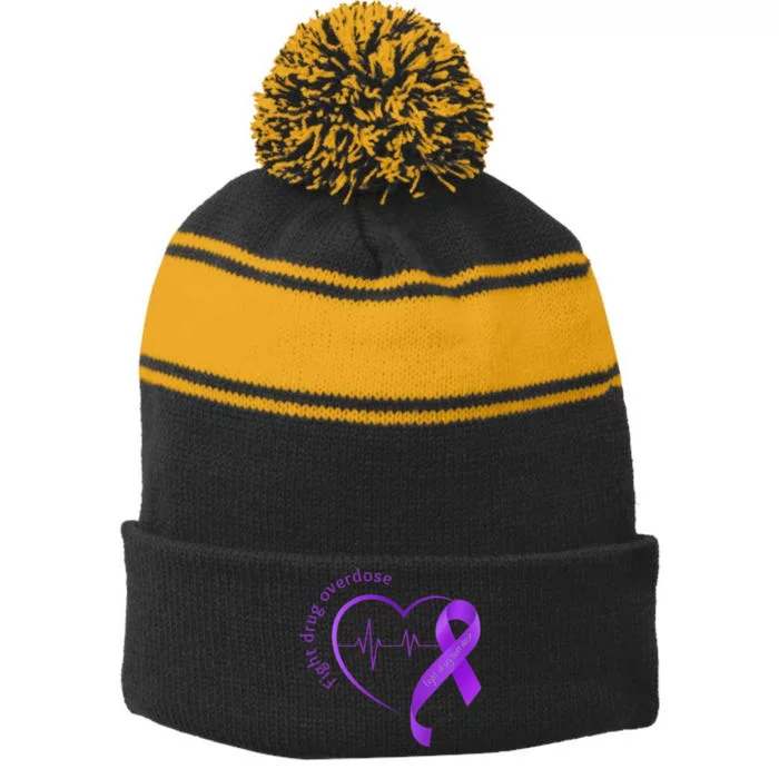 Overdose Awareness Purple Ribbon Drug Addiction Recovery Stripe Pom Pom Beanie