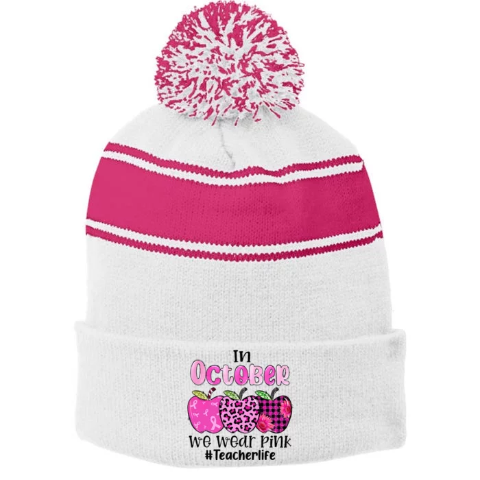 October Apple Teacher Life Breast Cancer Awareness Stripe Pom Pom Beanie