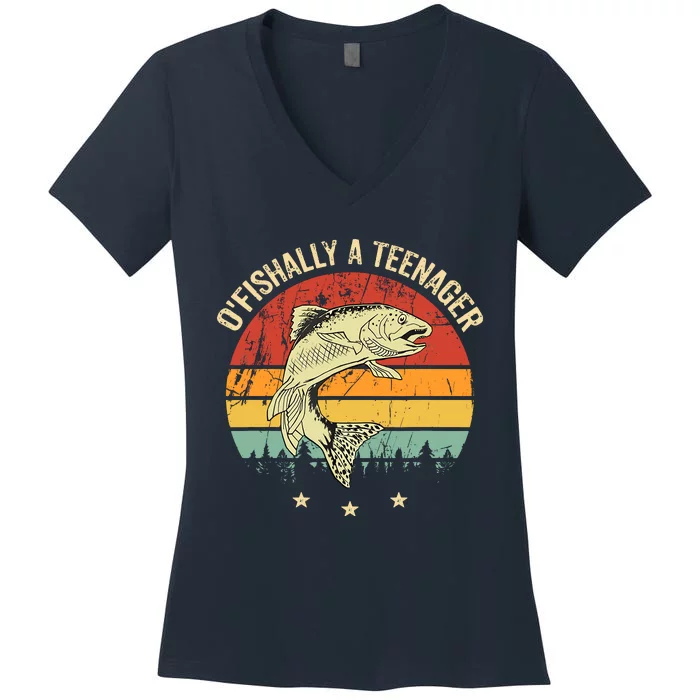 OFishally A Teenager 13th Birthday Fishing Fisherman Women's V-Neck T-Shirt