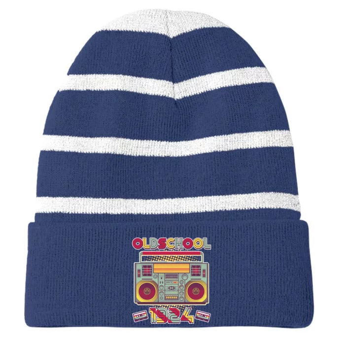 Oldschool Boombox 1924 100th Birthday Striped Beanie with Solid Band