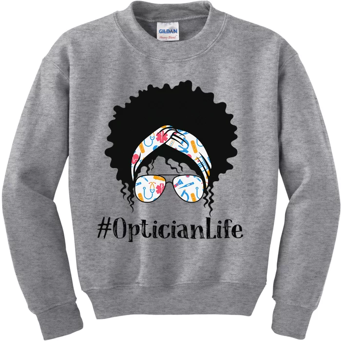 Optician Black Afro Messy Bun African American Women Kids Sweatshirt