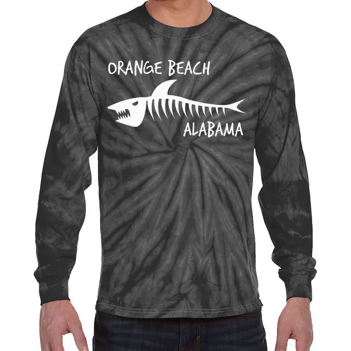 Orange Beach Alabama Shark Skeleton White Print Tie-Dye Long Sleeve Shirt