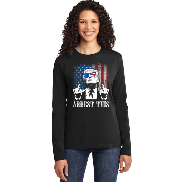 (On Back) Arrest This Trump 2024 Us American Flag Ladies Long Sleeve Shirt