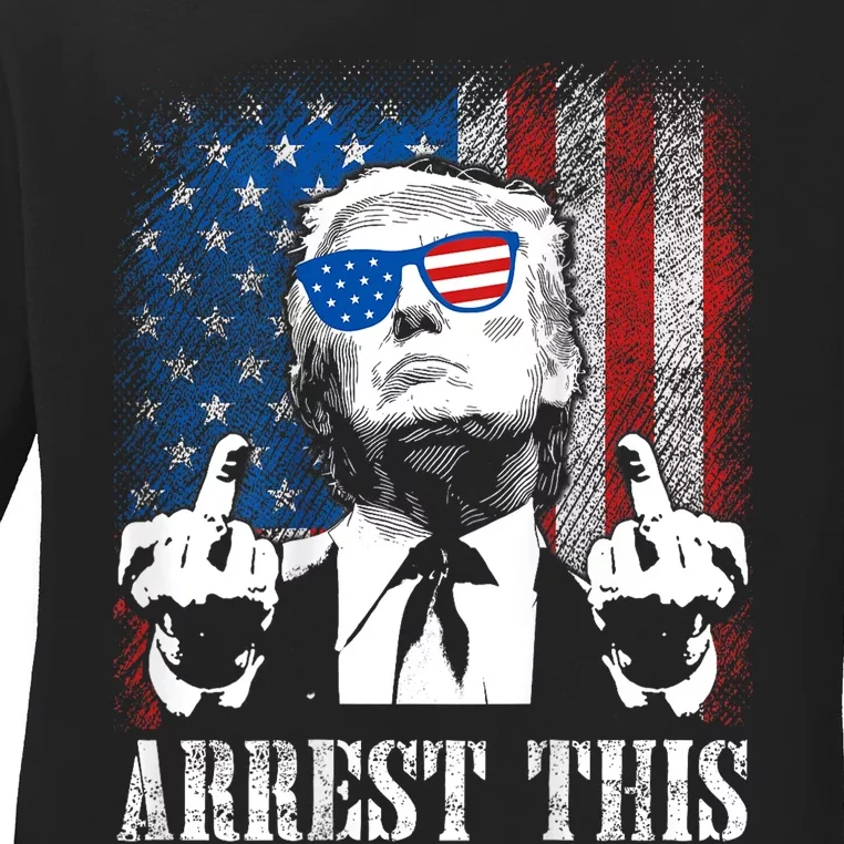 (On Back) Arrest This Trump 2024 Us American Flag Ladies Long Sleeve Shirt