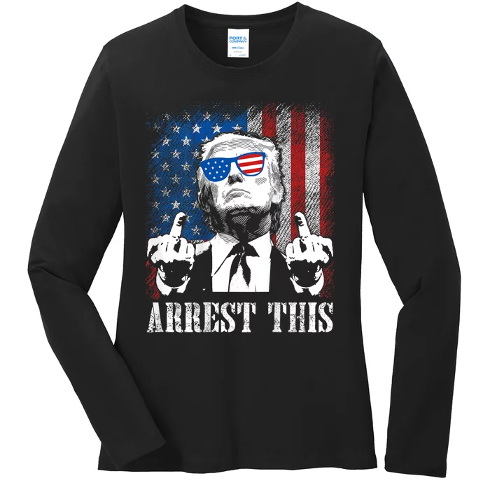 (On Back) Arrest This Trump 2024 Us American Flag Ladies Long Sleeve Shirt