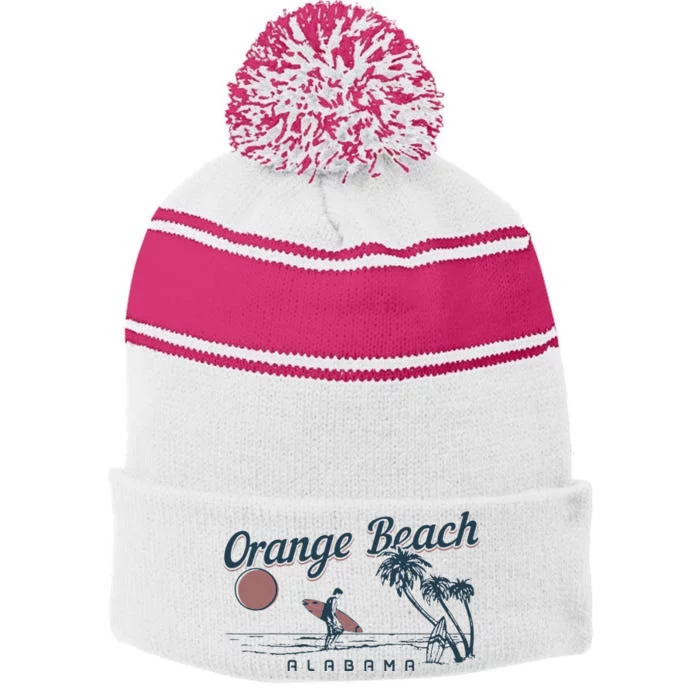 Orange Beach Alabama Surf Vintage Surfer Stripe Pom Pom Beanie