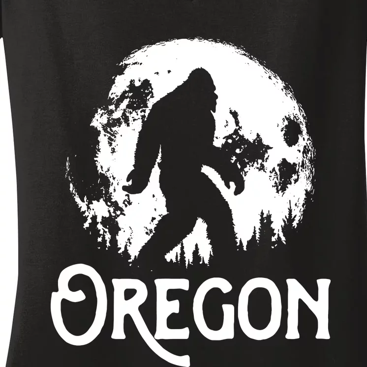 Oregon Bigfoot At Night Cool Full Moon Trees Sasquatch Women's V-Neck T-Shirt