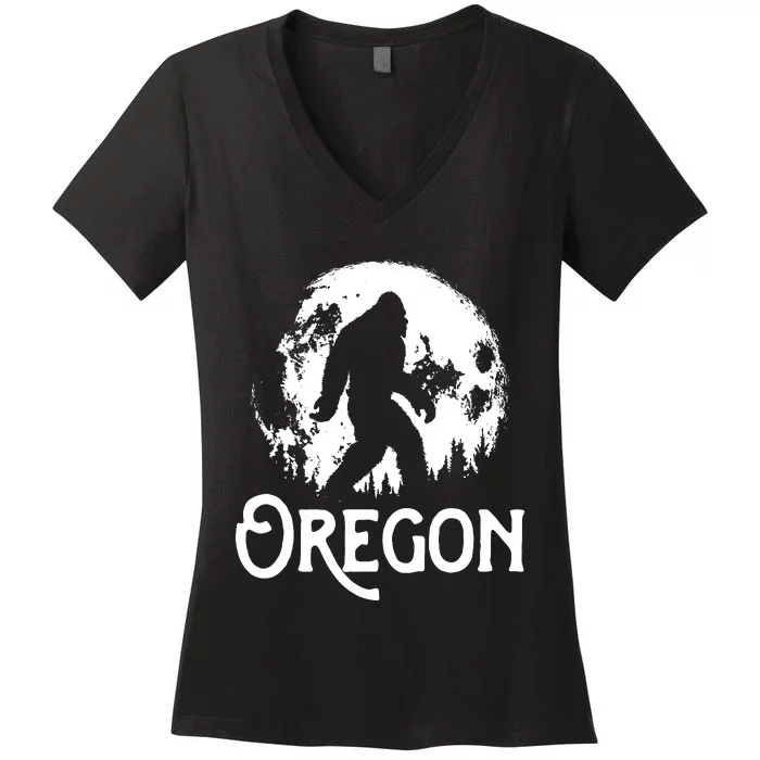 Oregon Bigfoot At Night Cool Full Moon Trees Sasquatch Women's V-Neck T-Shirt