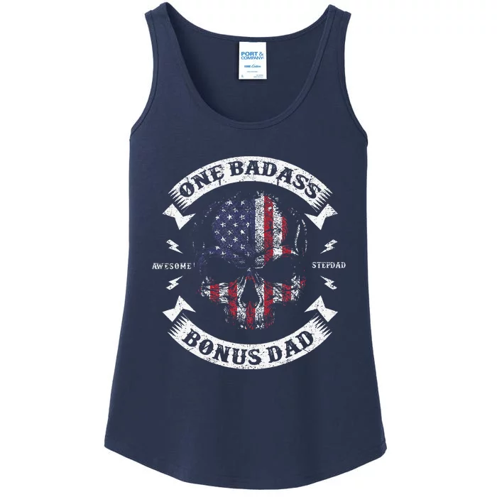 One Badass Bonus Dad Birthday Party Funny Skull Fathers Day Ladies Essential Tank