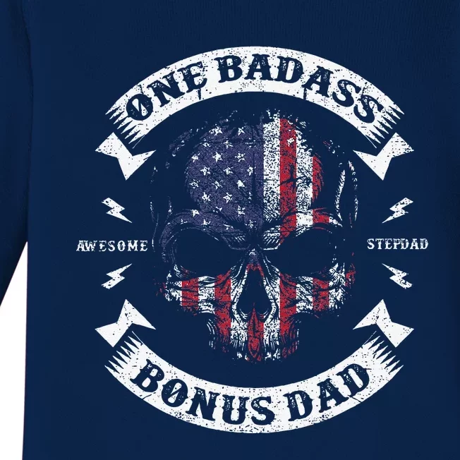 One Badass Bonus Dad Birthday Party Funny Skull Fathers Day Baby Long Sleeve Bodysuit