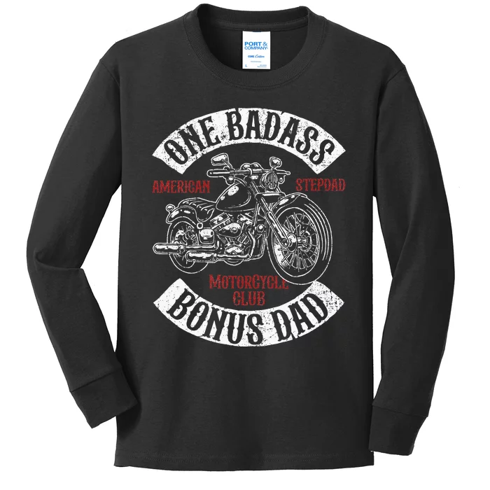 One Badass Bonus Stepdad Biker Motorcycle Step Dad Gift Idea Kids Long Sleeve Shirt