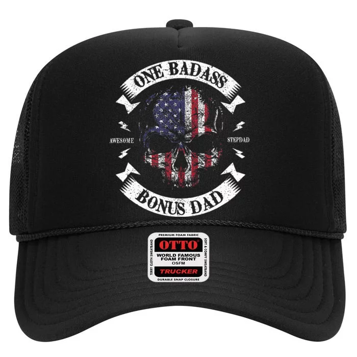 One Badass Bonus Stepdad Birthday Step Dad High Crown Mesh Trucker Hat