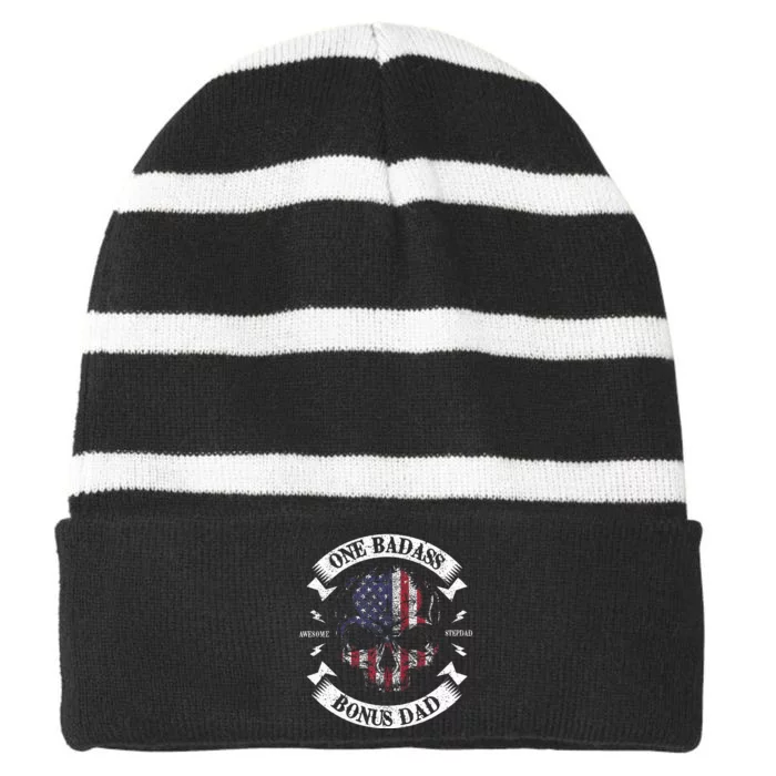 One Badass Bonus Stepdad Birthday Step Dad Striped Beanie with Solid Band