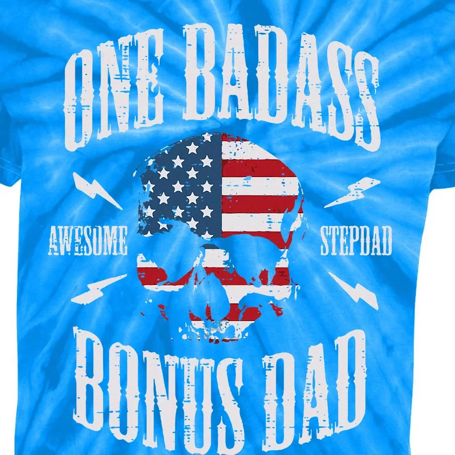 One Badass Bonus Dad Us Flag Skull Stepdad Step Dad Kids Tie-Dye T-Shirt