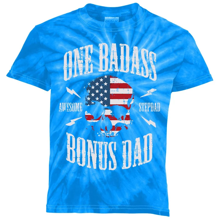 One Badass Bonus Dad Us Flag Skull Stepdad Step Dad Kids Tie-Dye T-Shirt